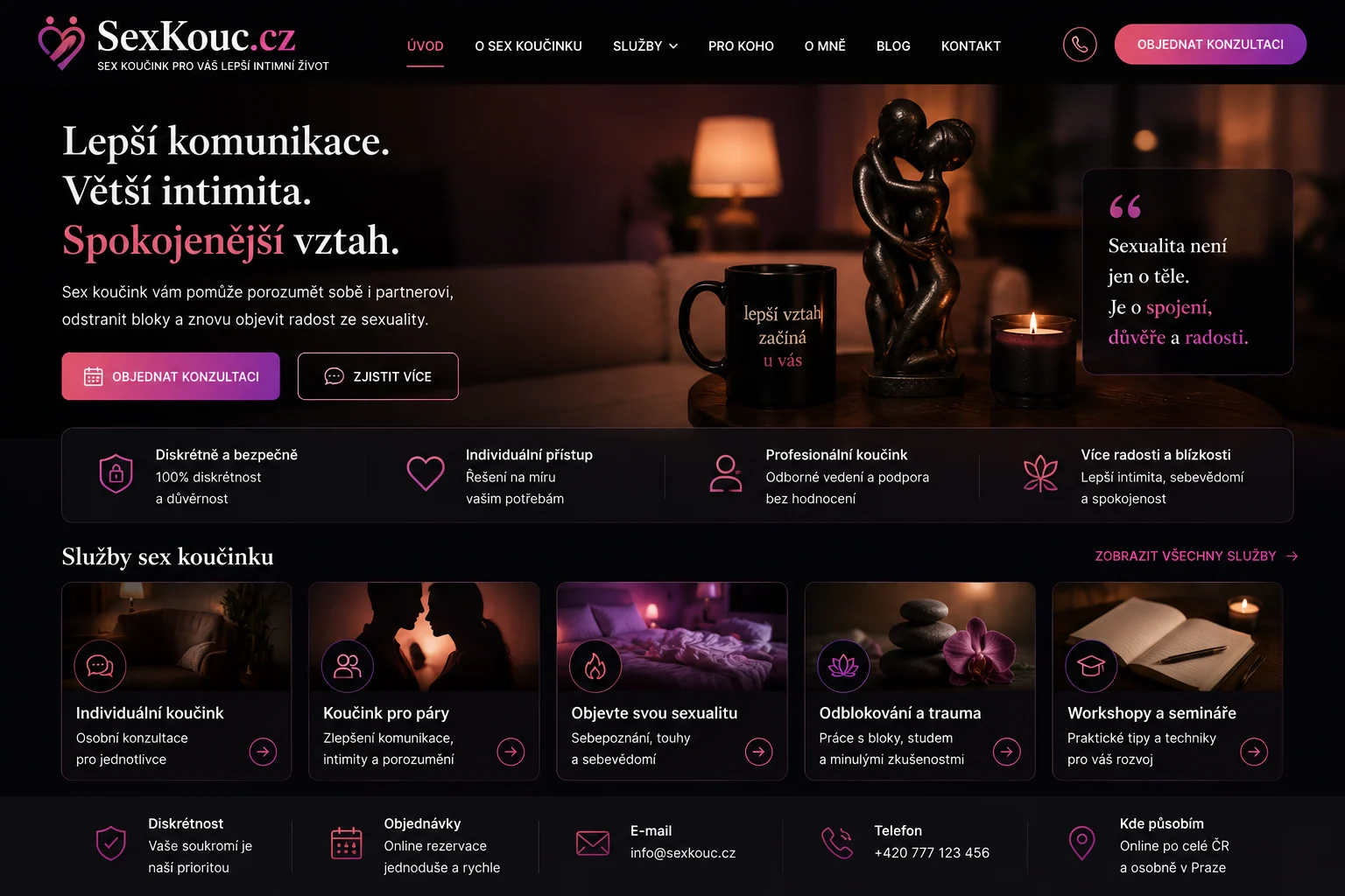 Ilustrační návrh webu SexKouc.cz s konzultacemi, kurzy a intimními tématy
